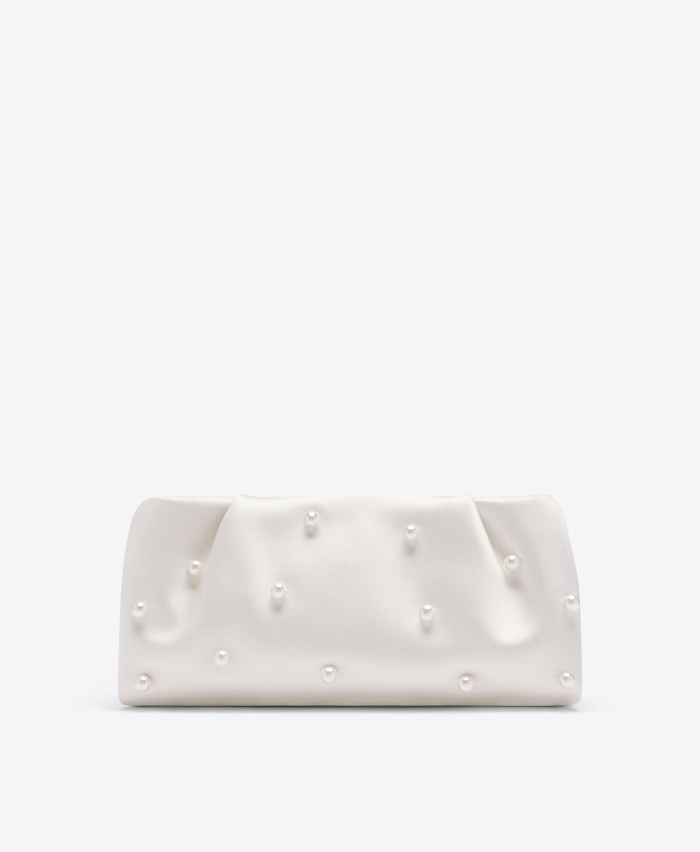 Malone Souliers Vittoria White Satin Clutch Bag with Pearl Embellishments