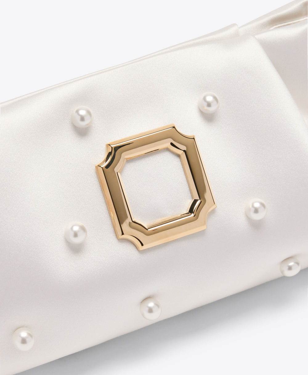 Malone Souliers Vittoria White Satin Clutch Bag with Pearl Embellishments