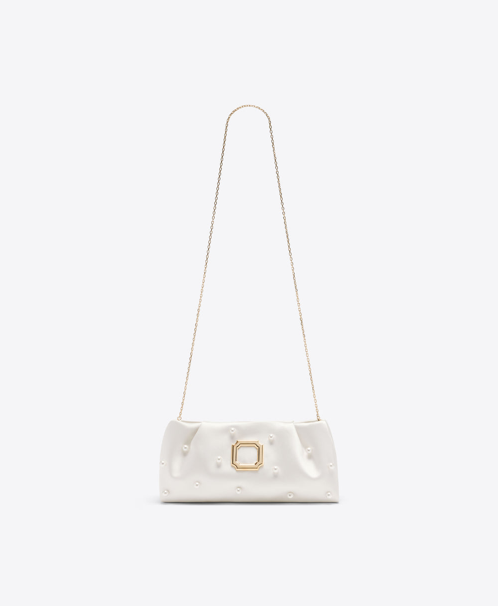 Malone Souliers Vittoria White Satin Clutch Bag with Pearl Embellishments
