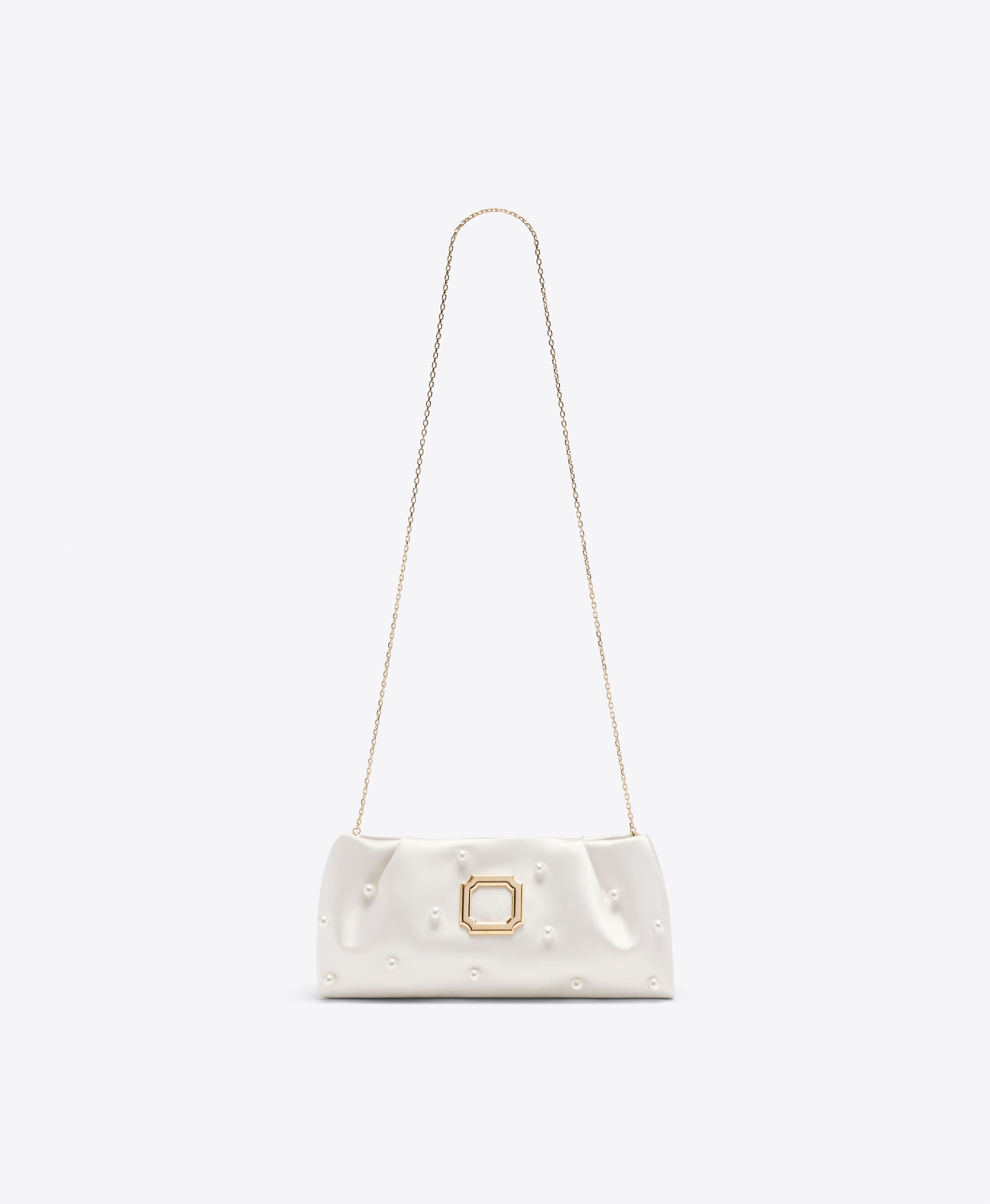 Malone Souliers Vittoria White Satin Clutch Bag with Pearl Embellishments