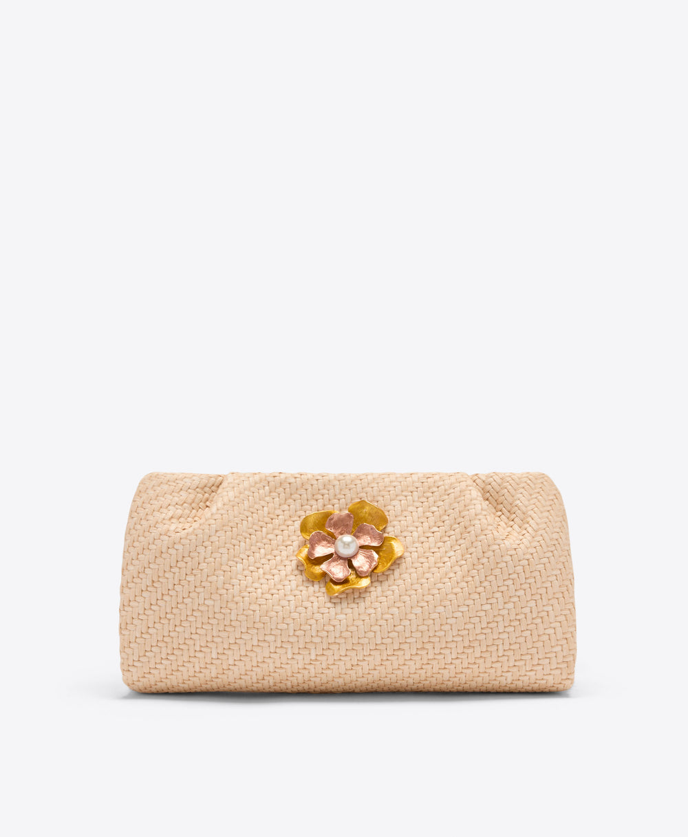 Vittoria Raffia Clutch Bag with Flower Ornament Malone Souliers