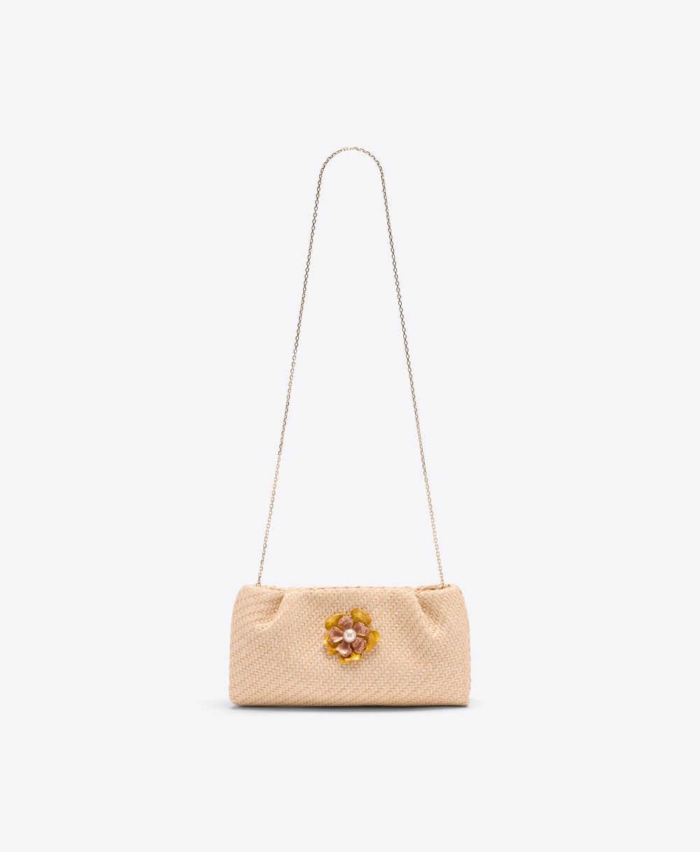 Vittoria Raffia Clutch Bag with Flower Ornament Malone Souliers