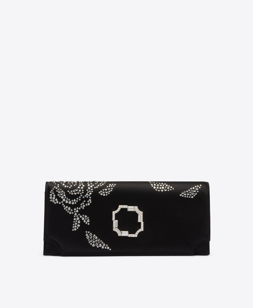 Vivien Black Satin Rose Embellished Clutch Bag Malone Souliers