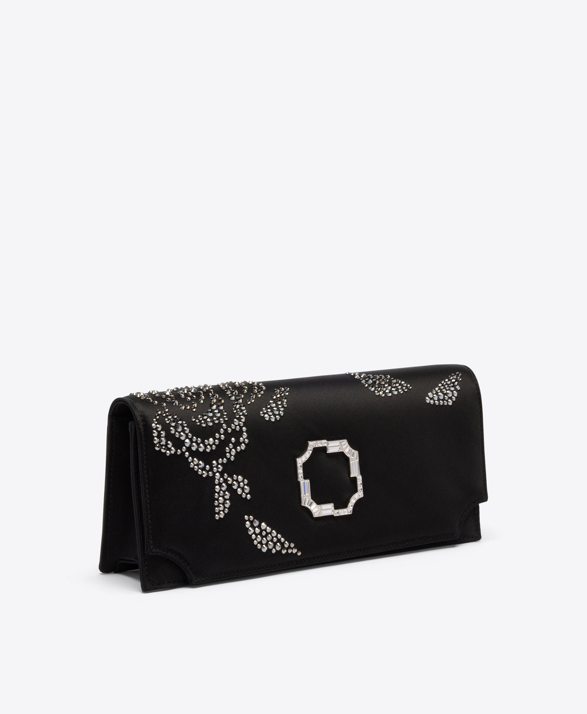 Vivien Black Satin Rose Embellished Clutch Bag Malone Souliers
