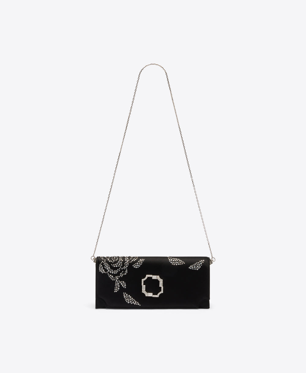 Vivien Black Satin Rose Embellished Clutch Bag Malone Souliers