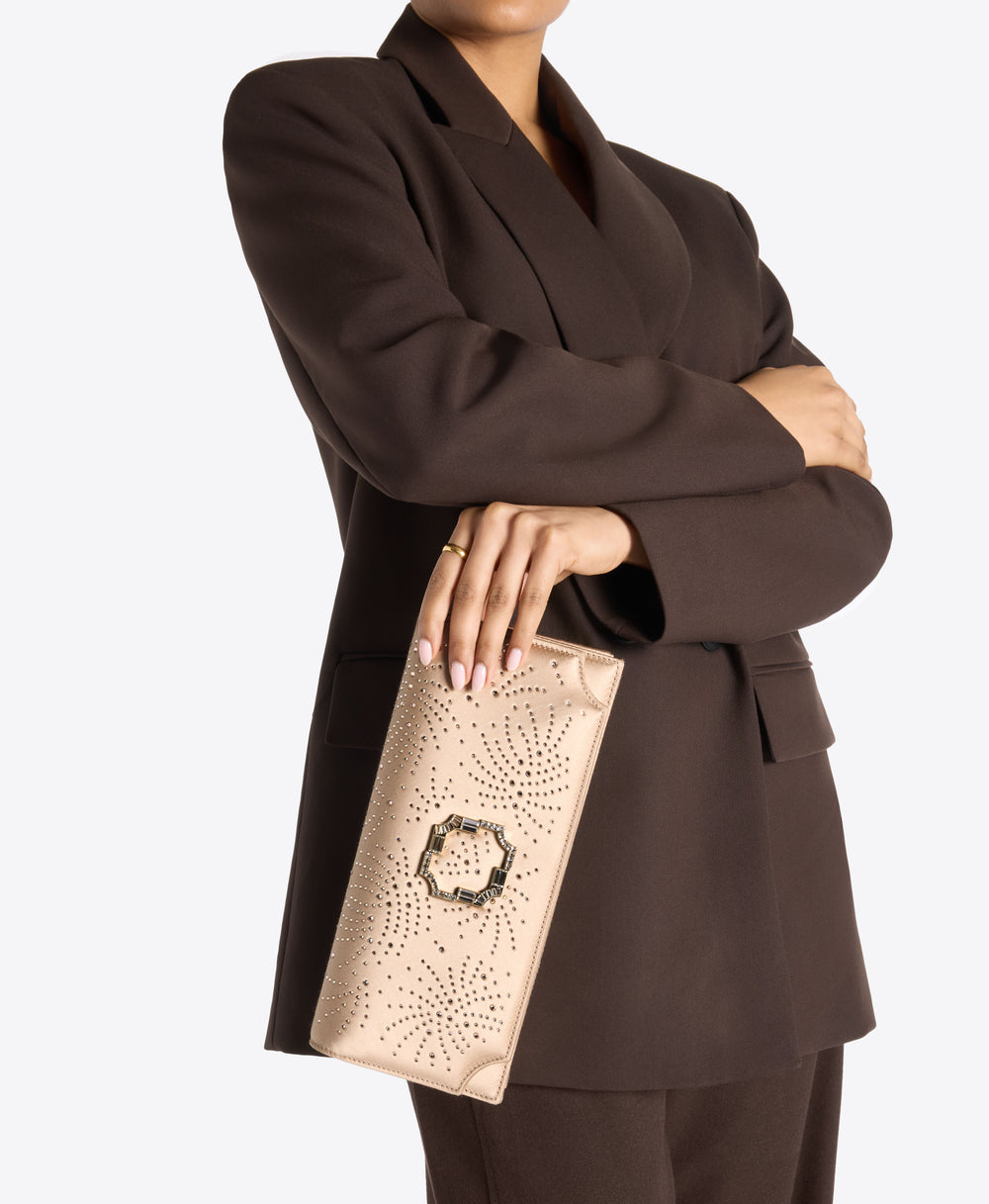 Vivien Champagne Satin Crystal-Embellished Clutch Bag Malone Souliers