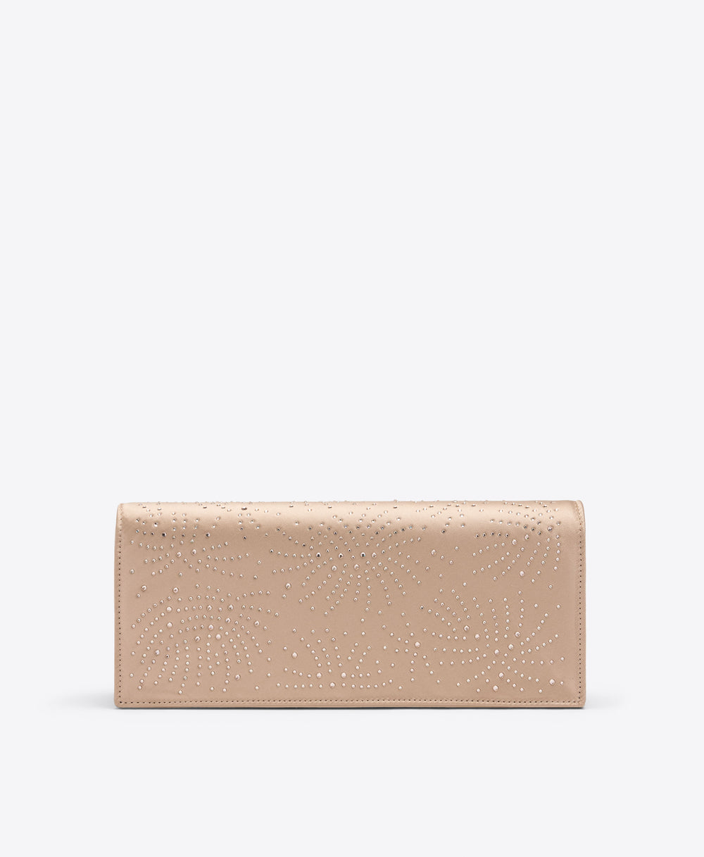 Vivien Champagne Satin Crystal-Embellished Clutch Bag Malone Souliers