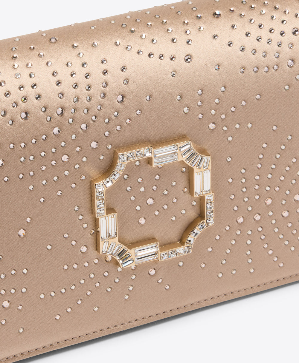 Vivien Champagne Satin Crystal-Embellished Clutch Bag Malone Souliers