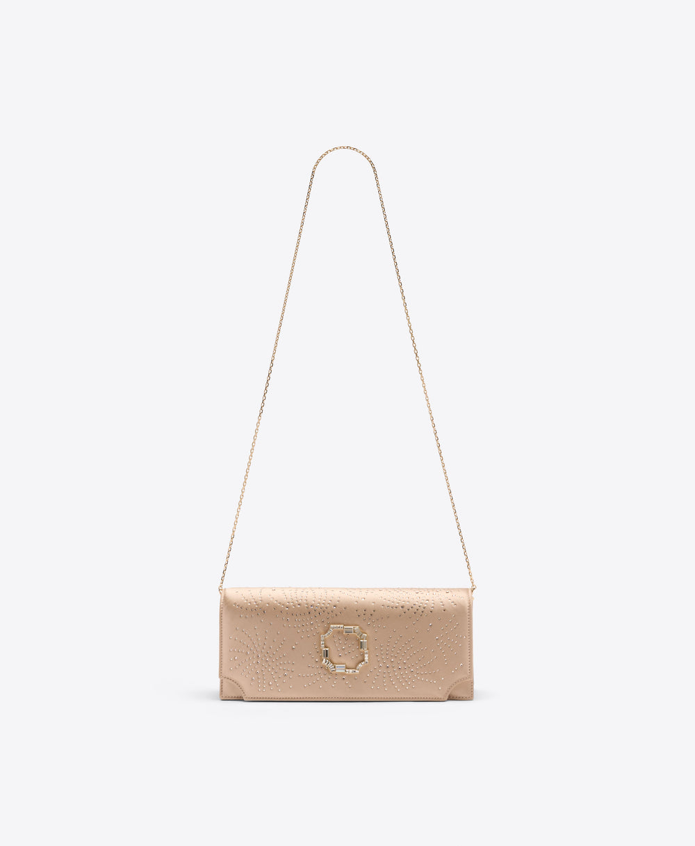 Vivien Champagne Satin Crystal-Embellished Clutch Bag Malone Souliers