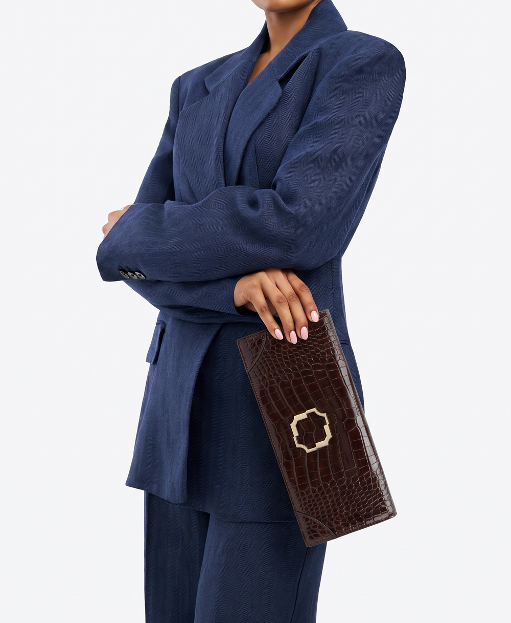 Vivien Dark Brown Embossed Leaher Clutch Bag