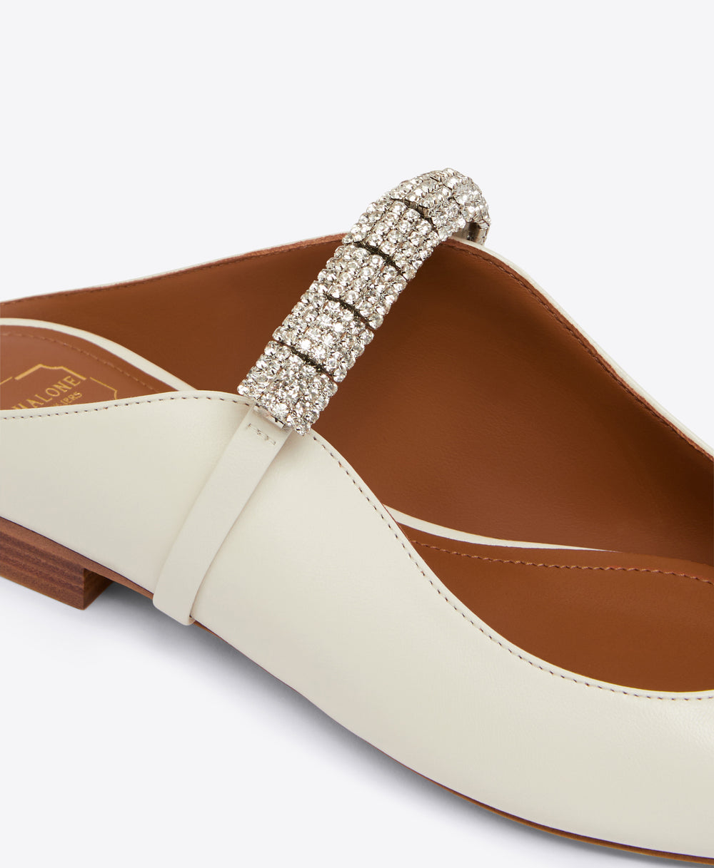 Women's Cream Leather with Crystals Flat Mules Malone Souliers