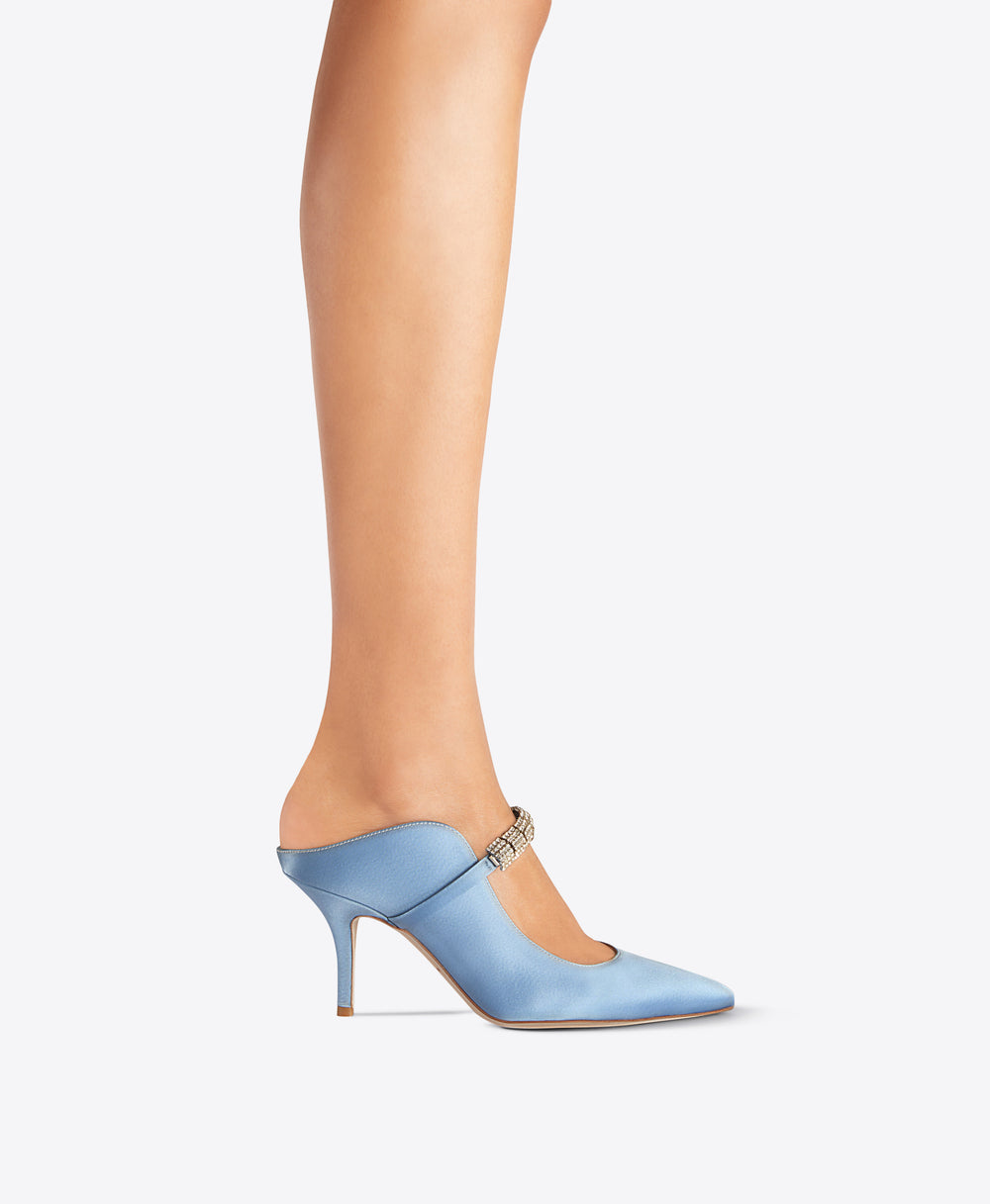 Women's  Baby Blue Satin Crystal Heeled Mules Malone Souliers