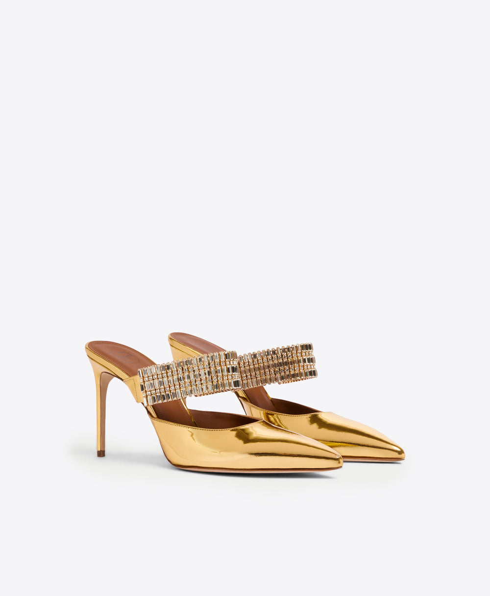 Women's Gold Mirror Leather Crystal Mules Malone Souliers