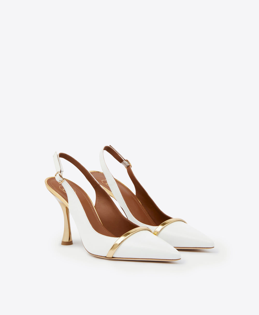 Women's White & Gold Leather Slingback Heels Malone Souliers