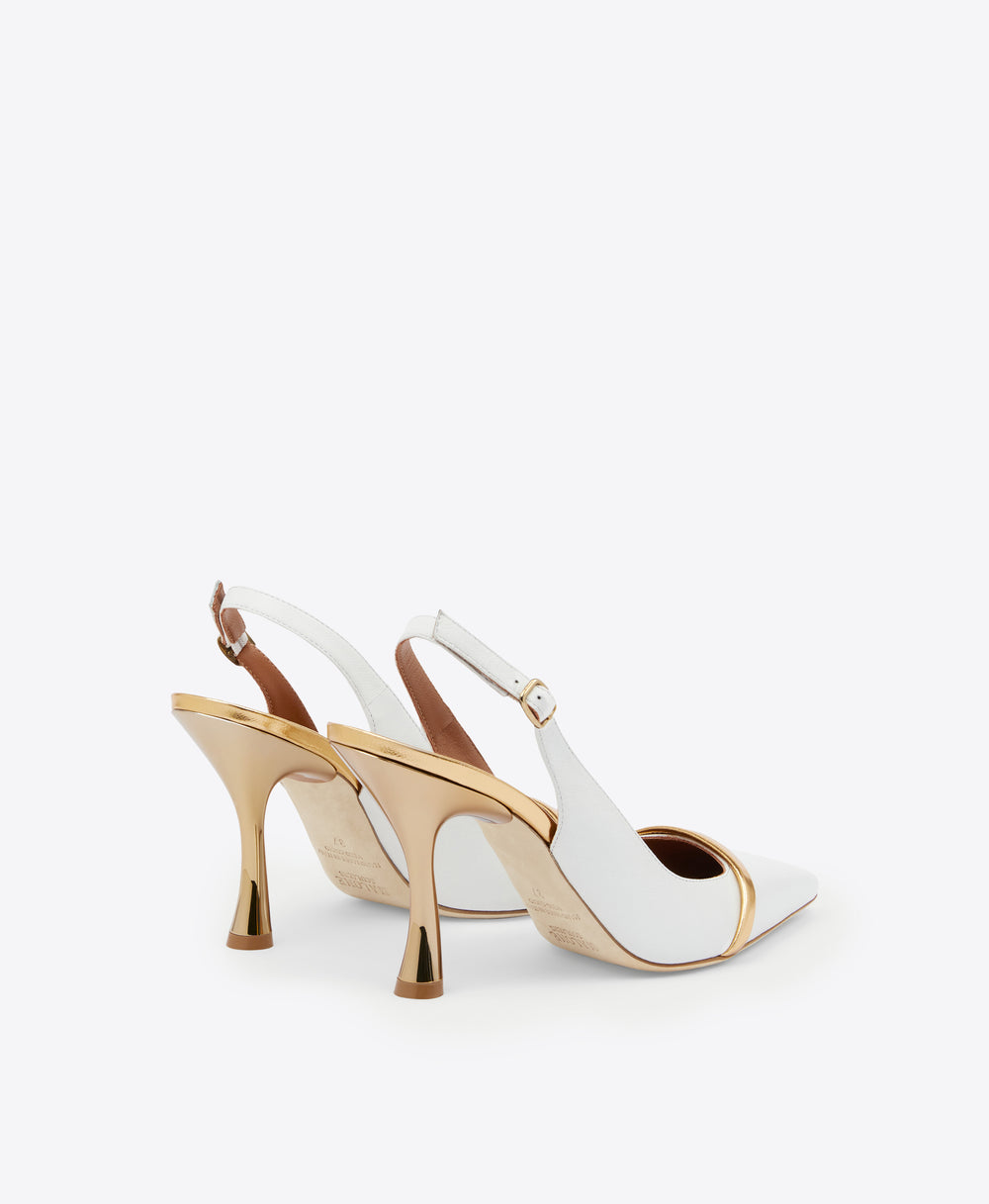 Women's White & Gold Leather Slingback Heels Malone Souliers