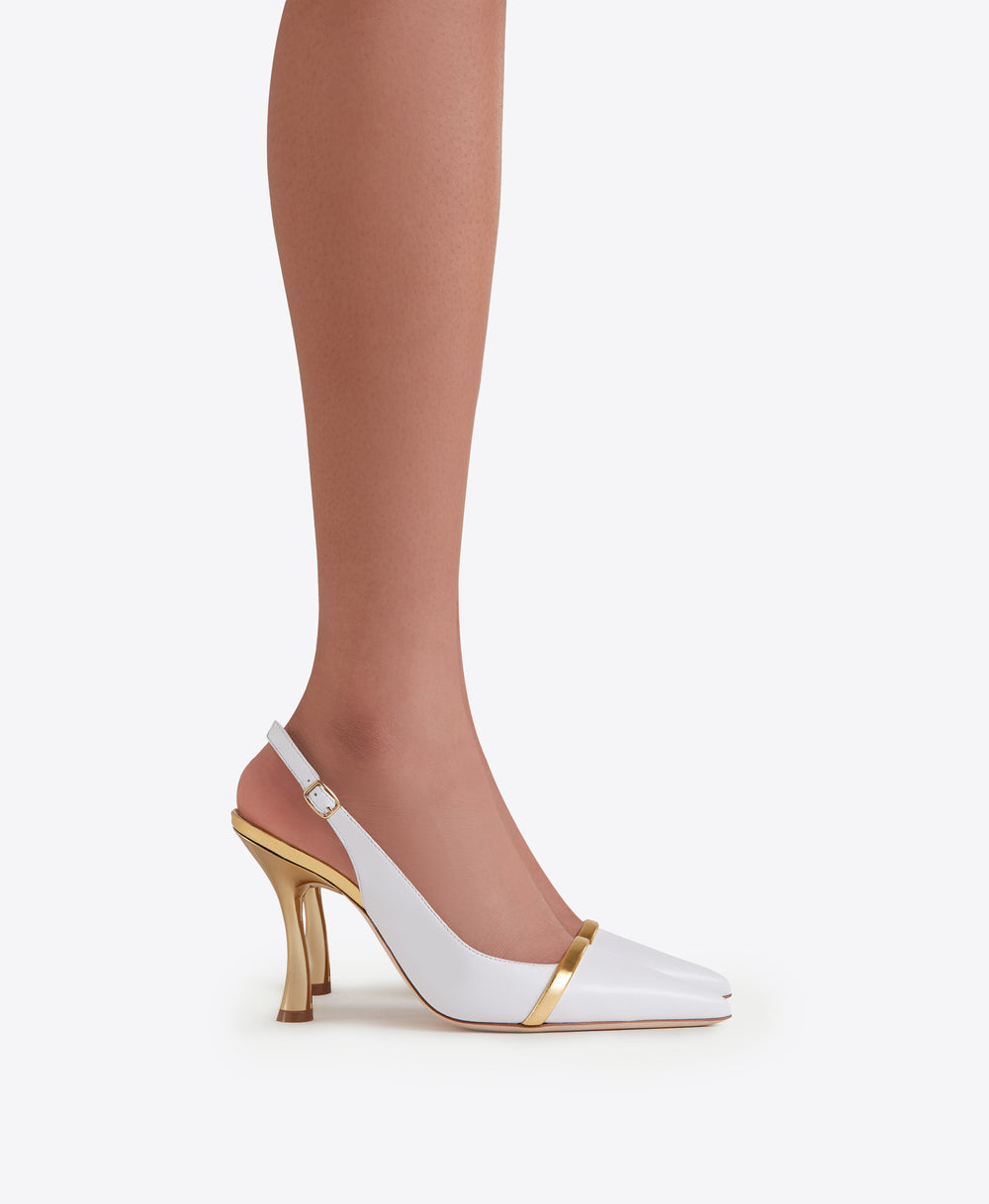 Women's White & Gold Leather Slingback Heels Malone Souliers