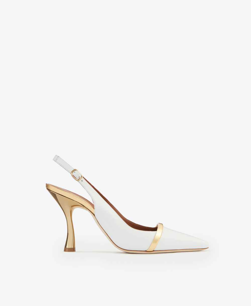 Women's White & Gold Leather Slingback Heels Malone Souliers