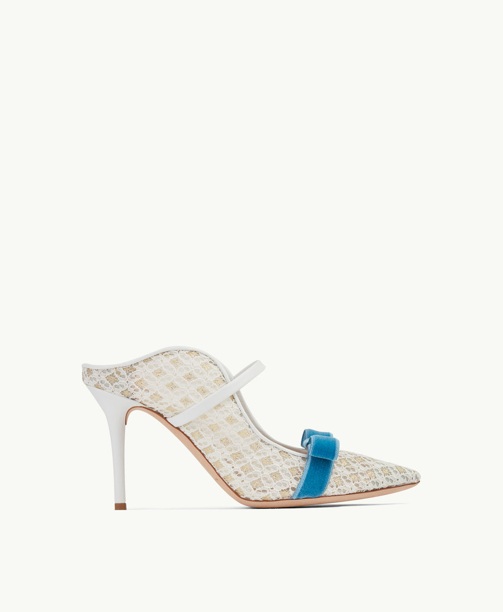 Women's White Mesh Heeled Mule with Velvet Bow Malone Souliers