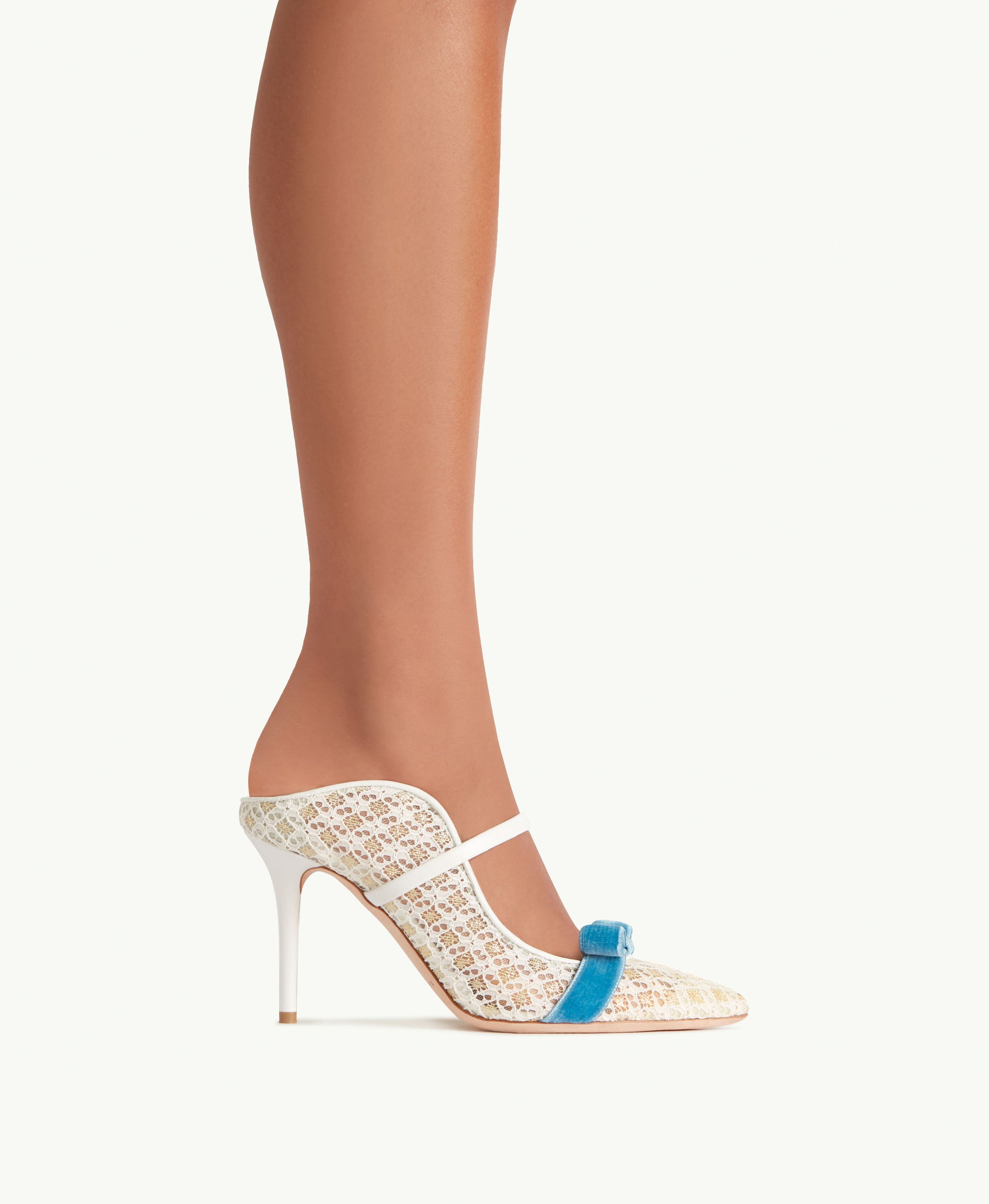 Women's White Mesh Heeled Mule with Velvet Bow Malone Souliers
