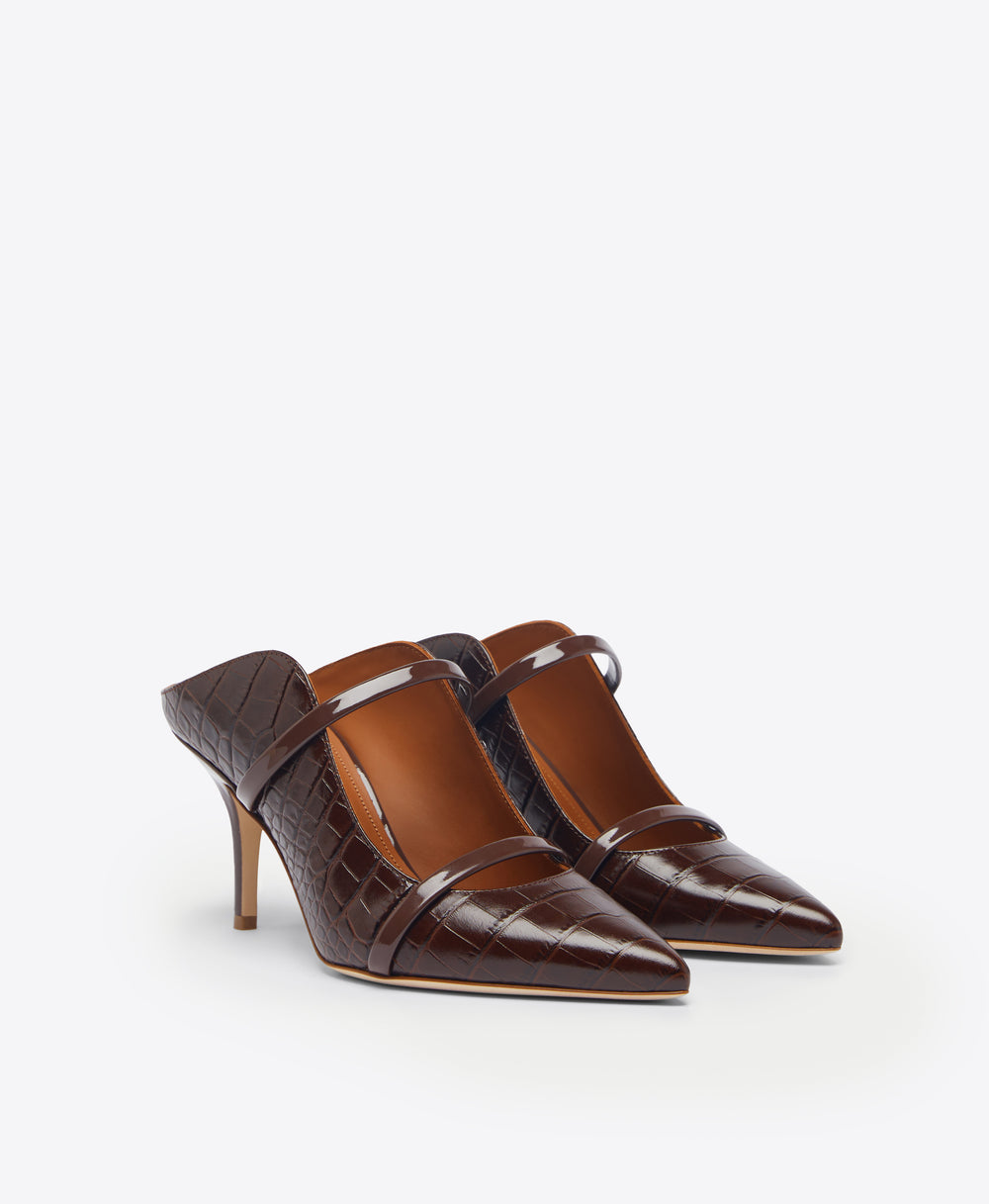 Women's Tobacco Embossed Leather Heeled Mules with Stiletto Heel Malone Souliers