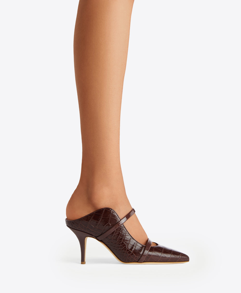 Women's Tobacco Embossed Leather Heeled Mules with Stiletto Heel Malone Souliers
