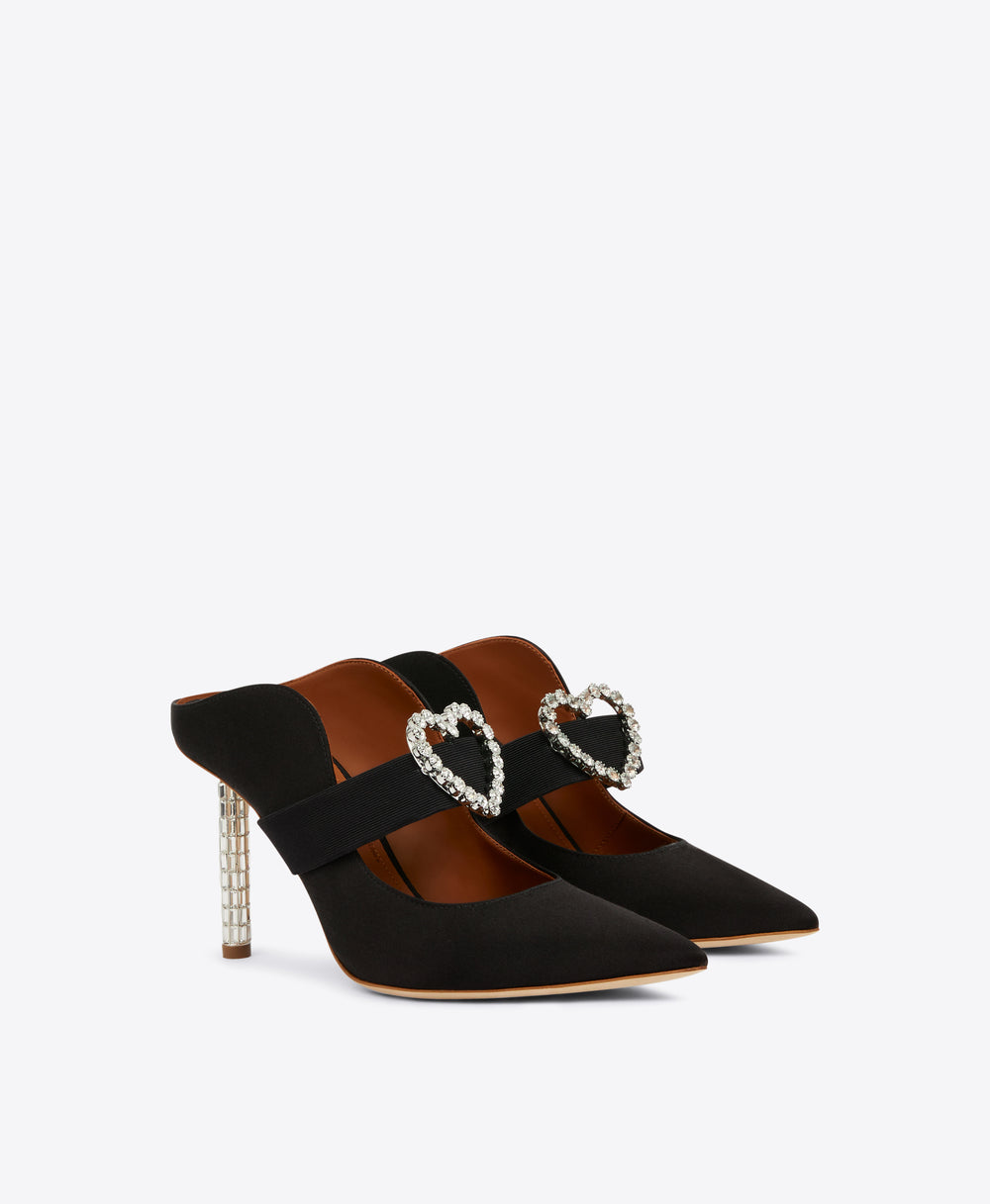 Women's Black Satin Crystal Stiletto Mules Malone Souliers