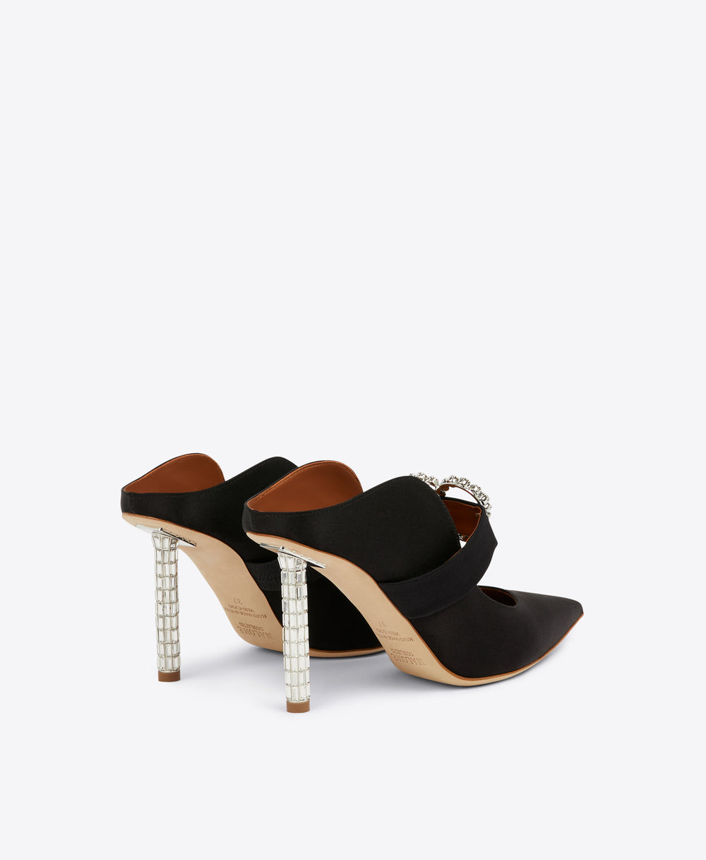 Women's Black Satin Crystal Stiletto Mules Malone Souliers
