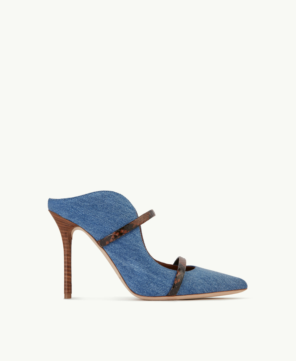 Women's Blue Denim Cotton Stiletto Mules with Snakeskin Straps Malone Souliers