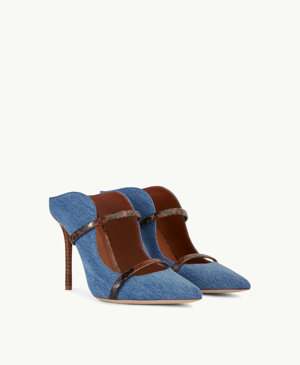 Women's Blue Denim Cotton Stiletto Mules with Snakeskin Straps Malone Souliers