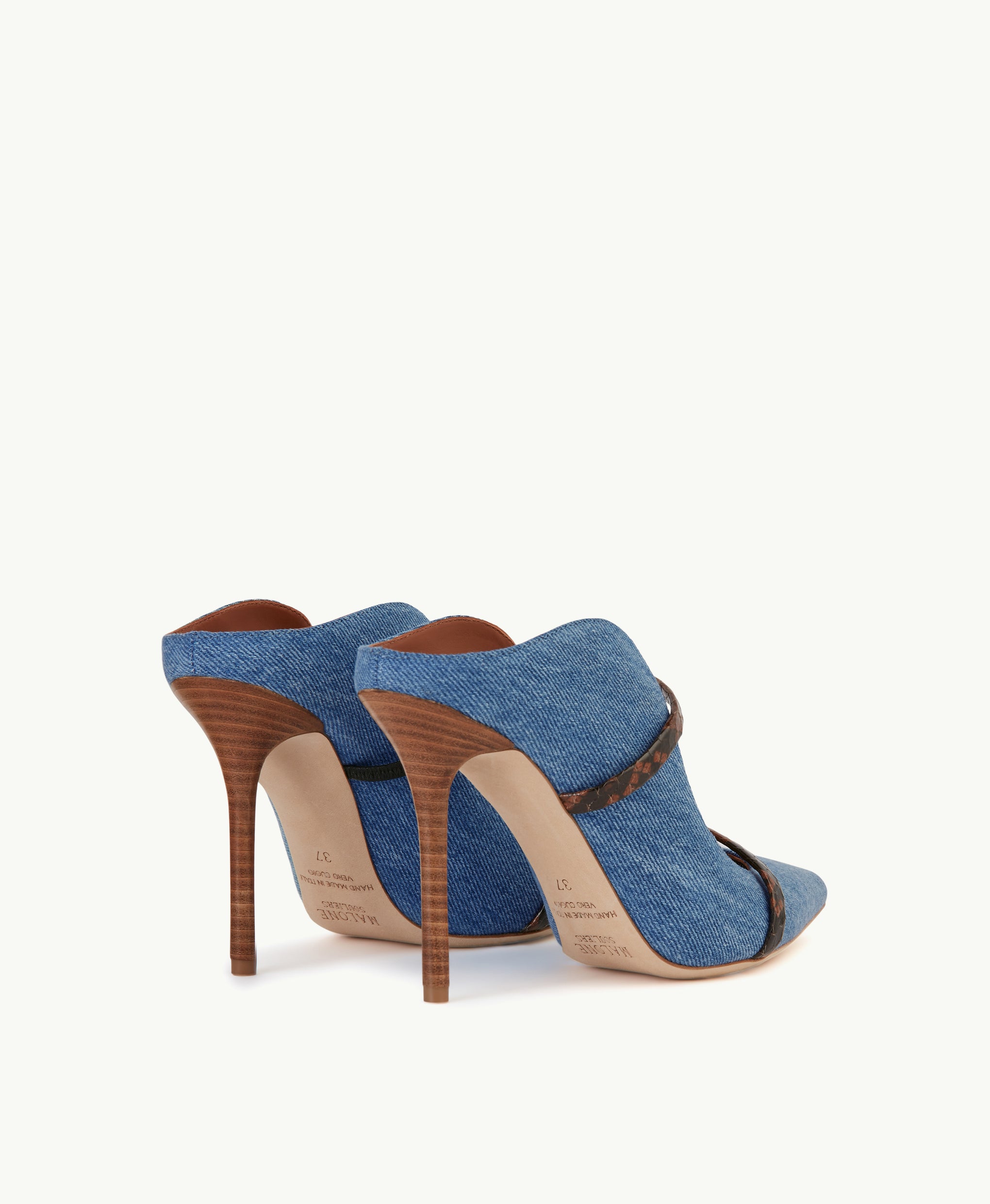 Women's Blue Denim Cotton Stiletto Mules with Snakeskin Straps Malone Souliers
