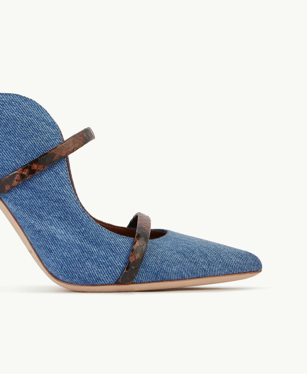 Women's Blue Denim Cotton Stiletto Mules with Snakeskin Straps Malone Souliers