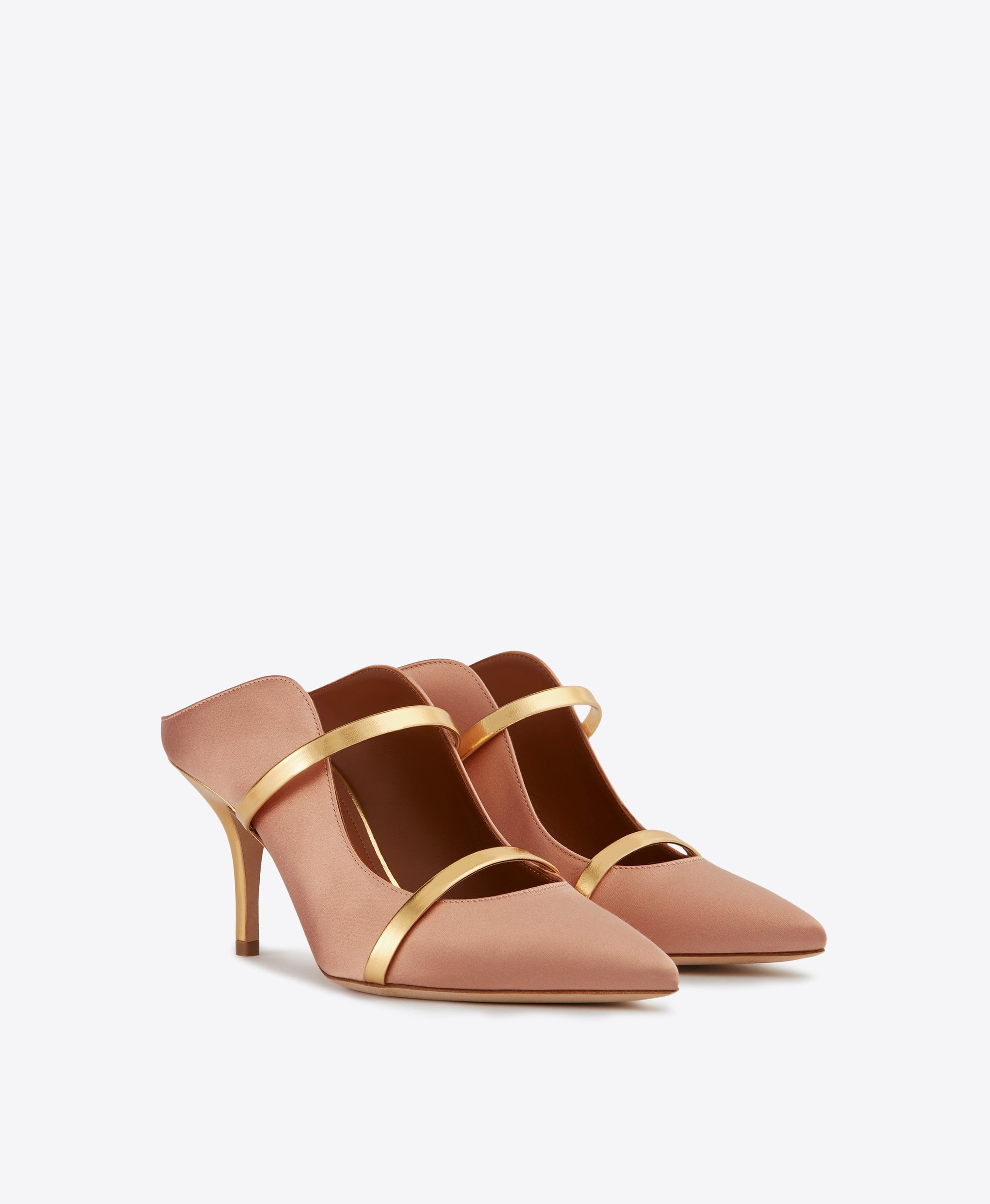 Malone Souliers Satin Blush Pink Heeled Mules with Signature Gold Leather Straps