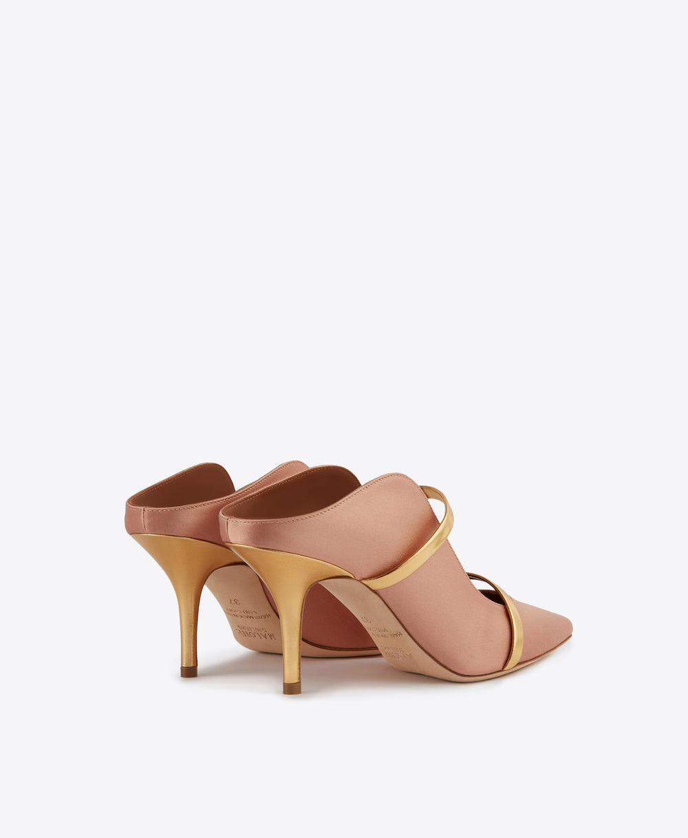 Malone Souliers Satin Blush Pink Heeled Mules with Signature Gold Leather Straps