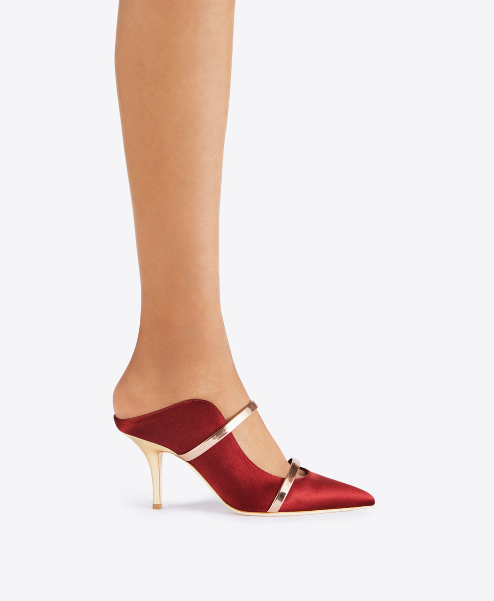Women's Red Satin Pointed Toe Heeled Mules with Rose Gold Leather Straps Malone Souliers