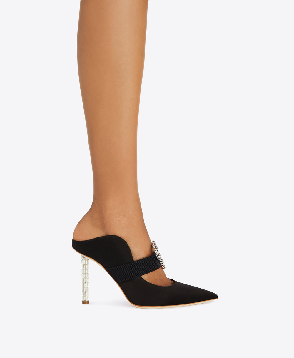 Women's Black Satin Crystal Stiletto Mules Malone Souliers