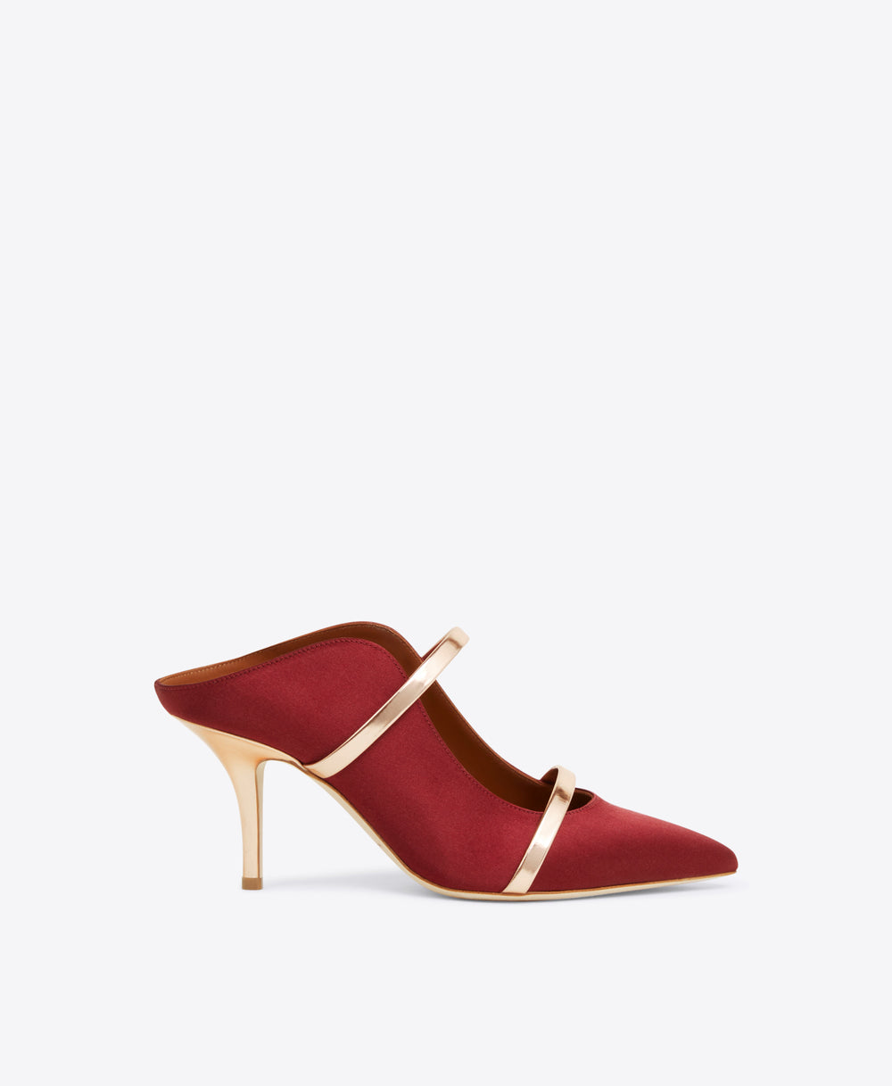 Women's Red Satin Pointed Toe Heeled Mules with Rose Gold Leather Straps Malone Souliers