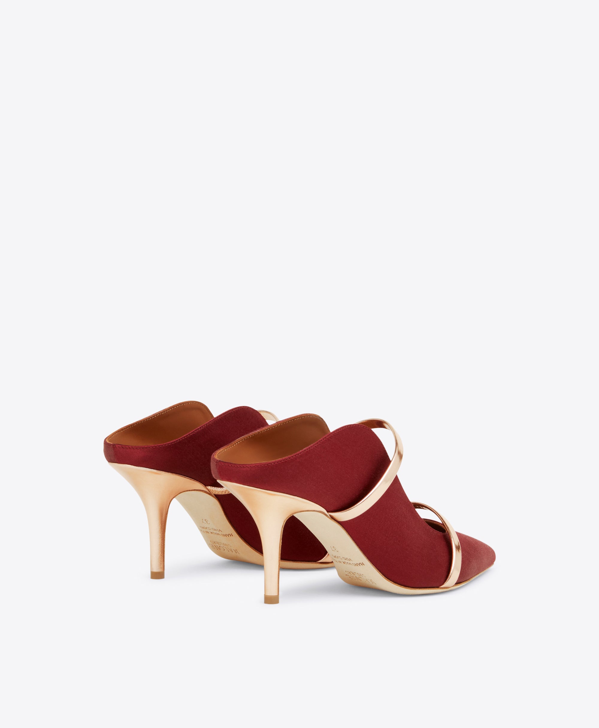 Women's Red Satin Pointed Toe Heeled Mules with Rose Gold Leather Straps Malone Souliers