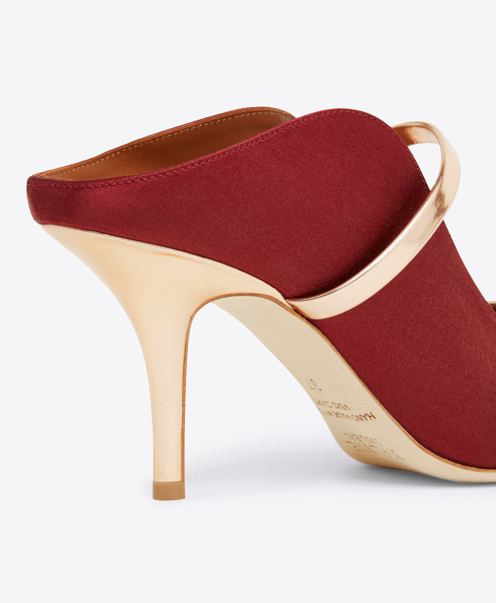 Women's Red Satin Pointed Toe Heeled Mules with Rose Gold Leather Straps Malone Souliers