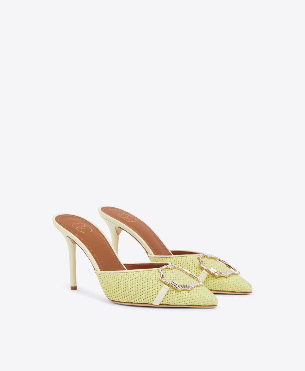 Women's Yellow Mesh Heeled Mules with Crystal Crest Malone Souliers