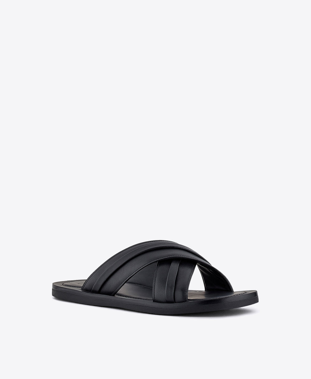 Men's Black Calf Leather Flat Slip-On Sandals Malone Souliers