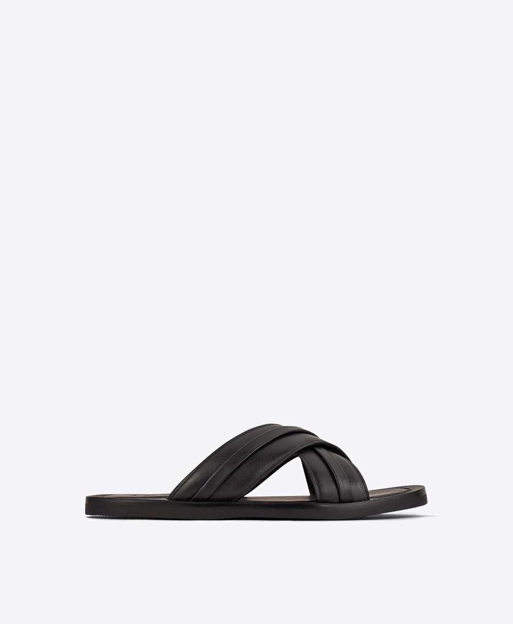 Men's Black Calf Leather Flat Slip-On Sandals Malone Souliers