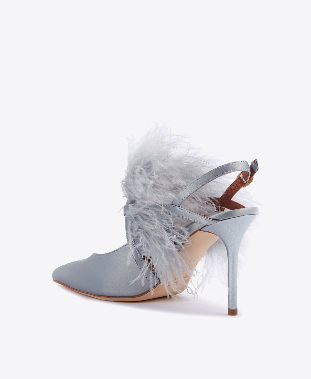 Women's Baby Blue Satin Slingback Heels with Feathers Malone Souliers
