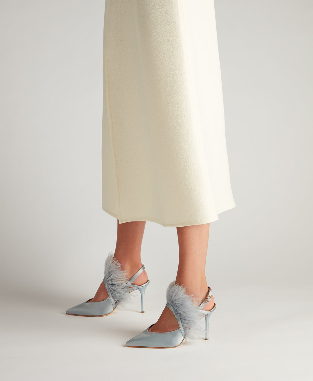 Women's Baby Blue Satin Slingback Heels with Feathers Malone Souliers