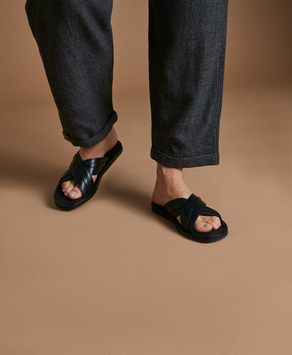 Men's Black Calf Leather Flat Slip-On Sandals Malone Souliers