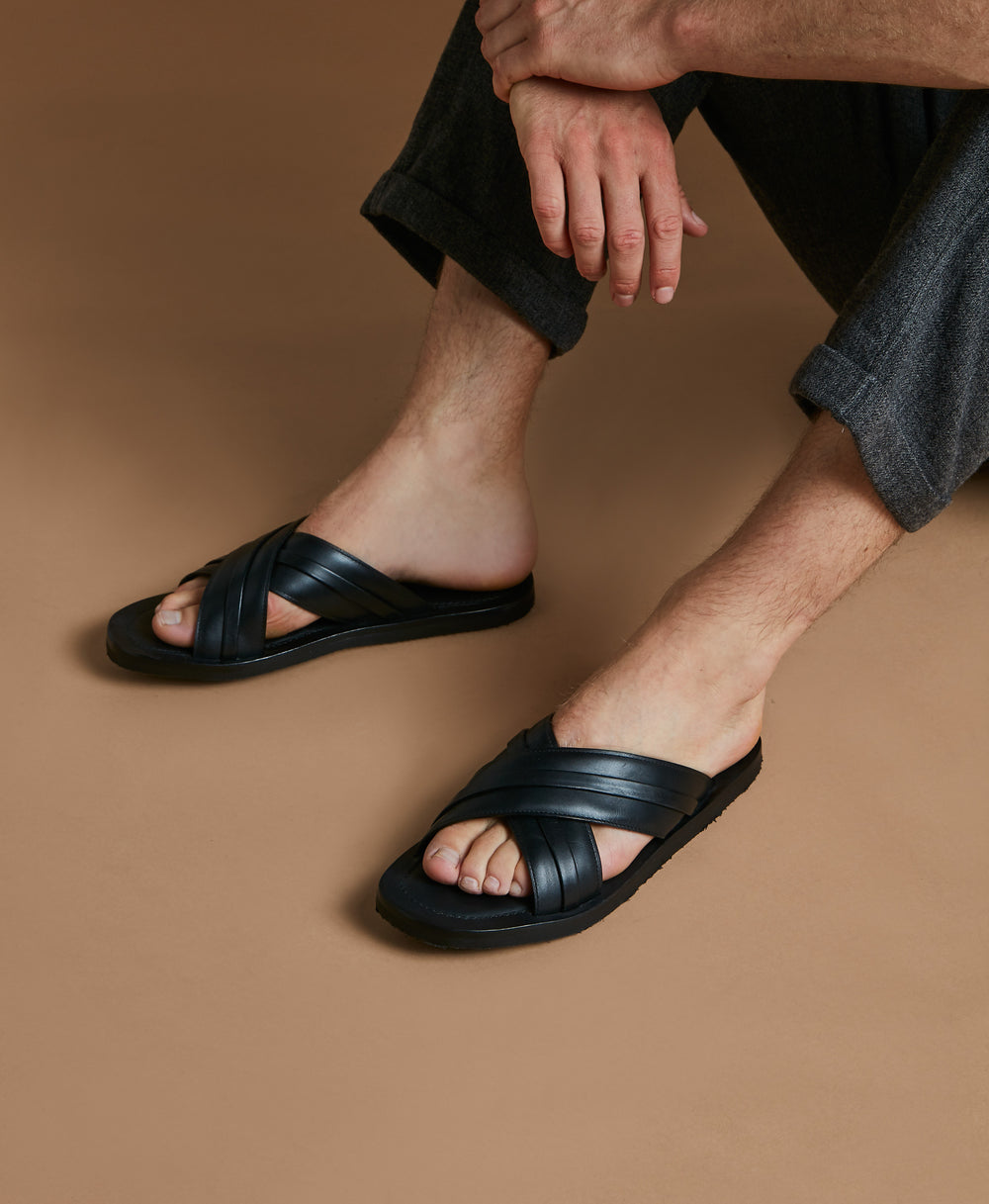 Men's Black Calf Leather Flat Slip-On Sandals Malone Souliers
