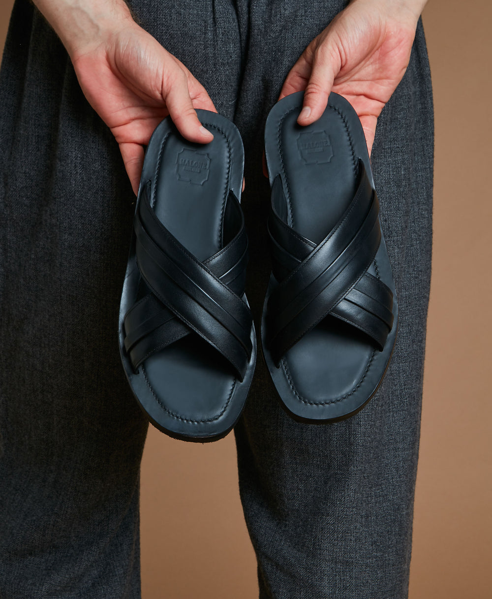 Men's Black Calf Leather Flat Slip-On Sandals Malone Souliers
