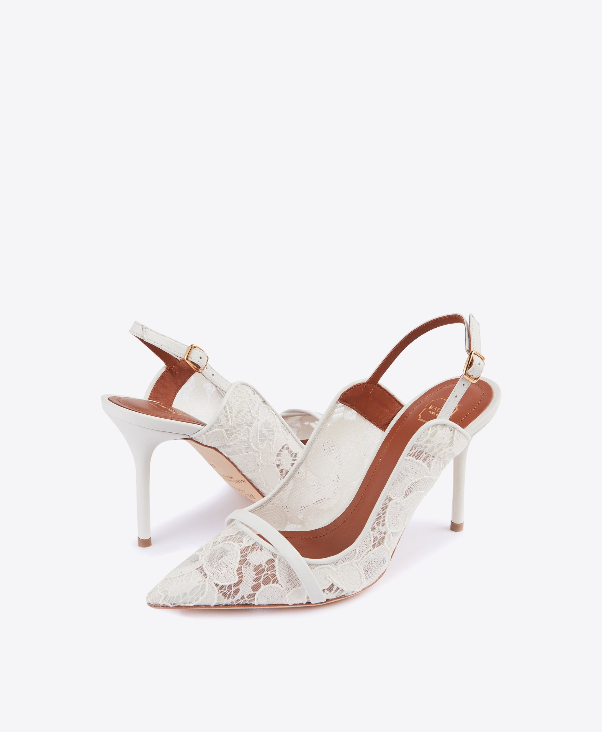 Malone Souliers White Lace and Leather Marion Slingback Pumps with Pointed Toe