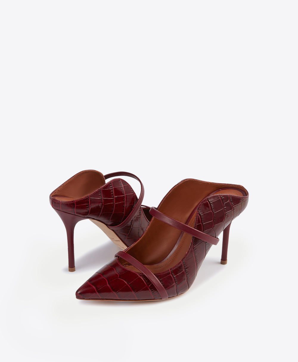 Women's Burgundy Embossed Croc Leather High Heeled Mules Malone Souliers
