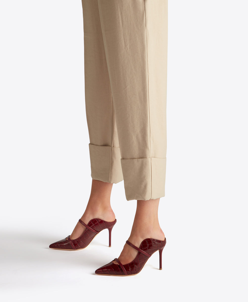 Women's Burgundy Embossed Croc Leather High Heeled Mules Malone Souliers