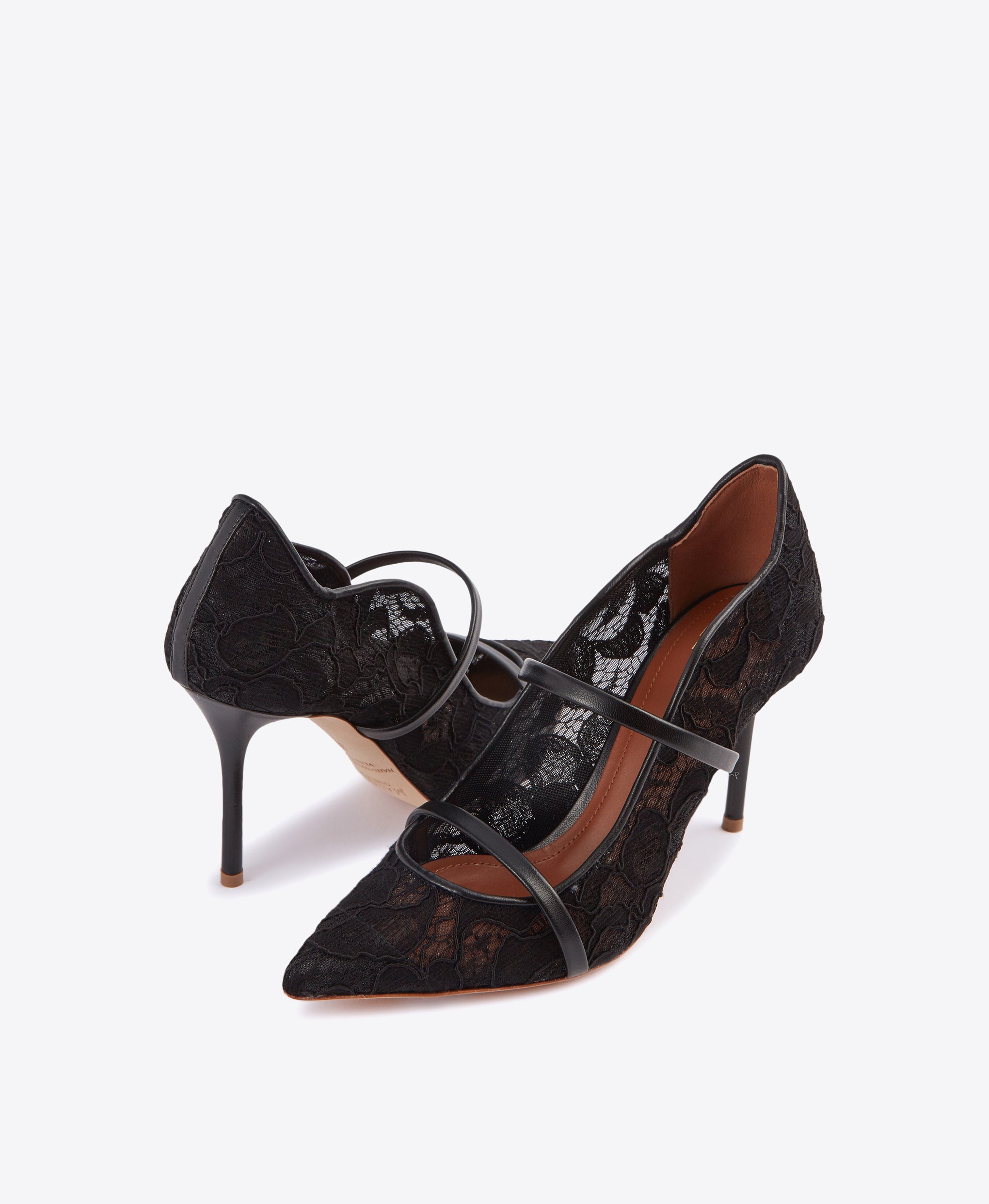 Malone Souliers Black Lace and Leather Maureen 85mm Pointed Toe High Heel Pumps